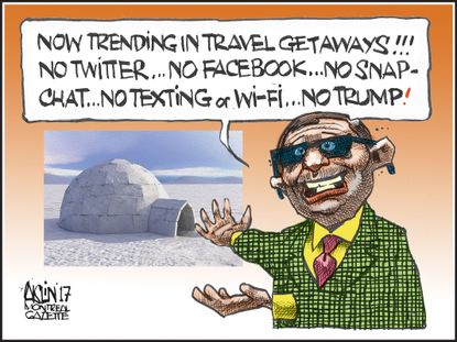 Political cartoon U.S. Trump tweets vacation technology