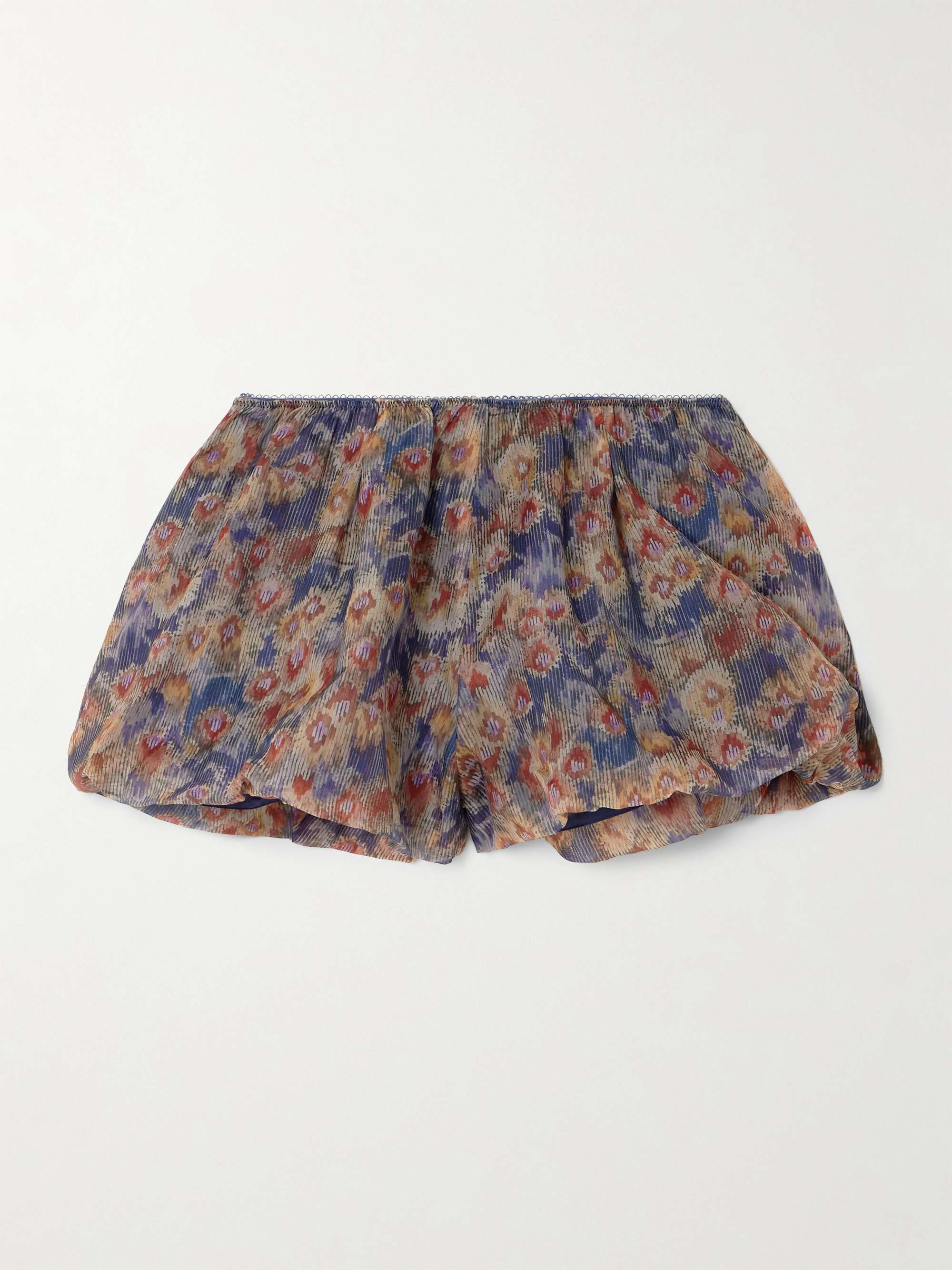 Fiore Picot-Trimmed Gathered Floral-Print Silk-Organza Shorts