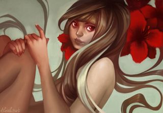 Girl with long flowing hair in front of red flower