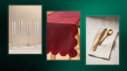  composite of three products, champagne flutes, table runner and napkins 