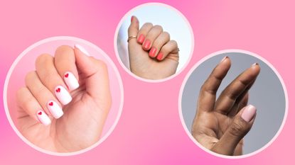 Valentine's Day nail art: pictures of three hands, one with a heart manicure, the second with an orange/ red manicure and a third of a soft, pastel pink nail look/ in a pink template