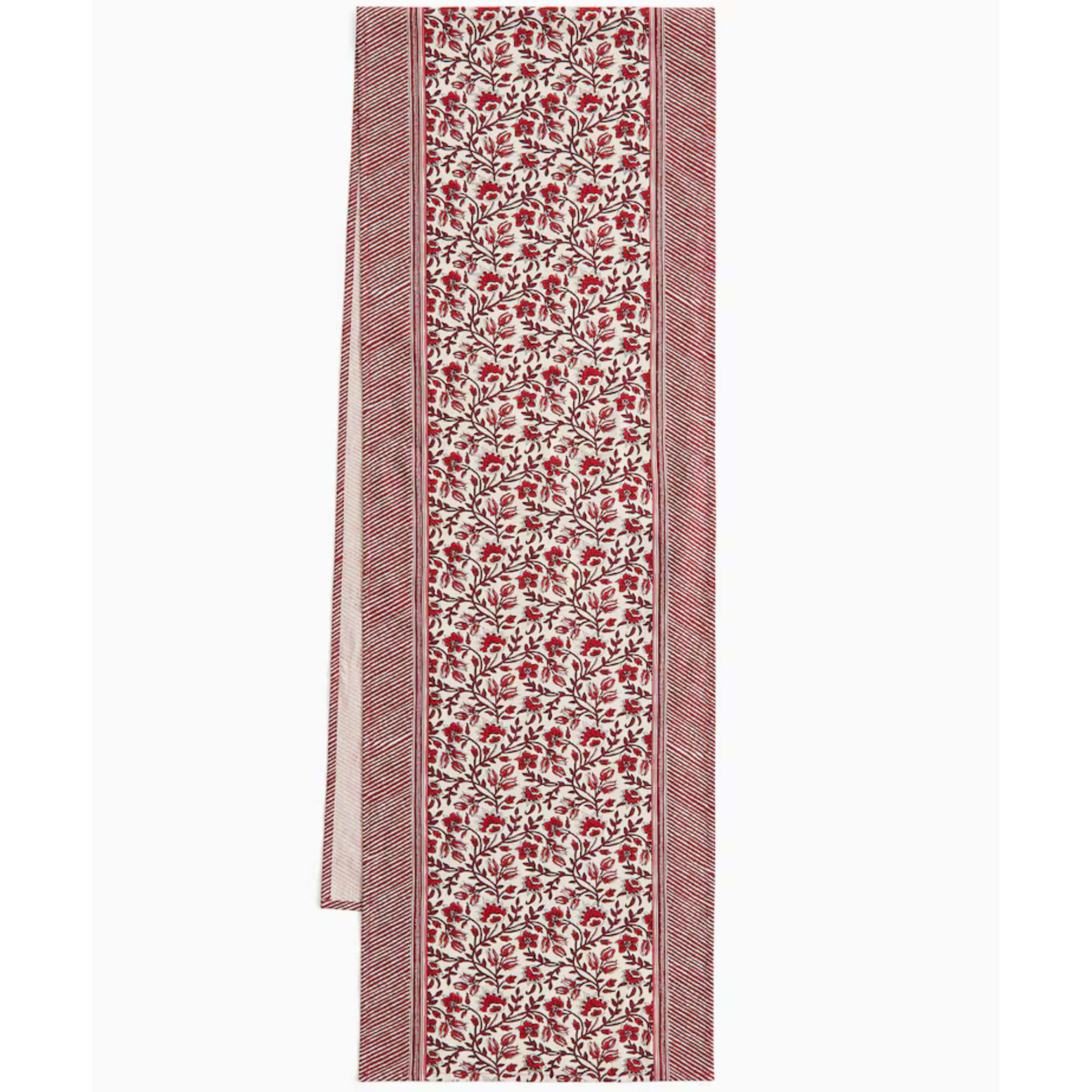Extra-Long Patterned Cotton-Blend Table Runner (Red/Floral)