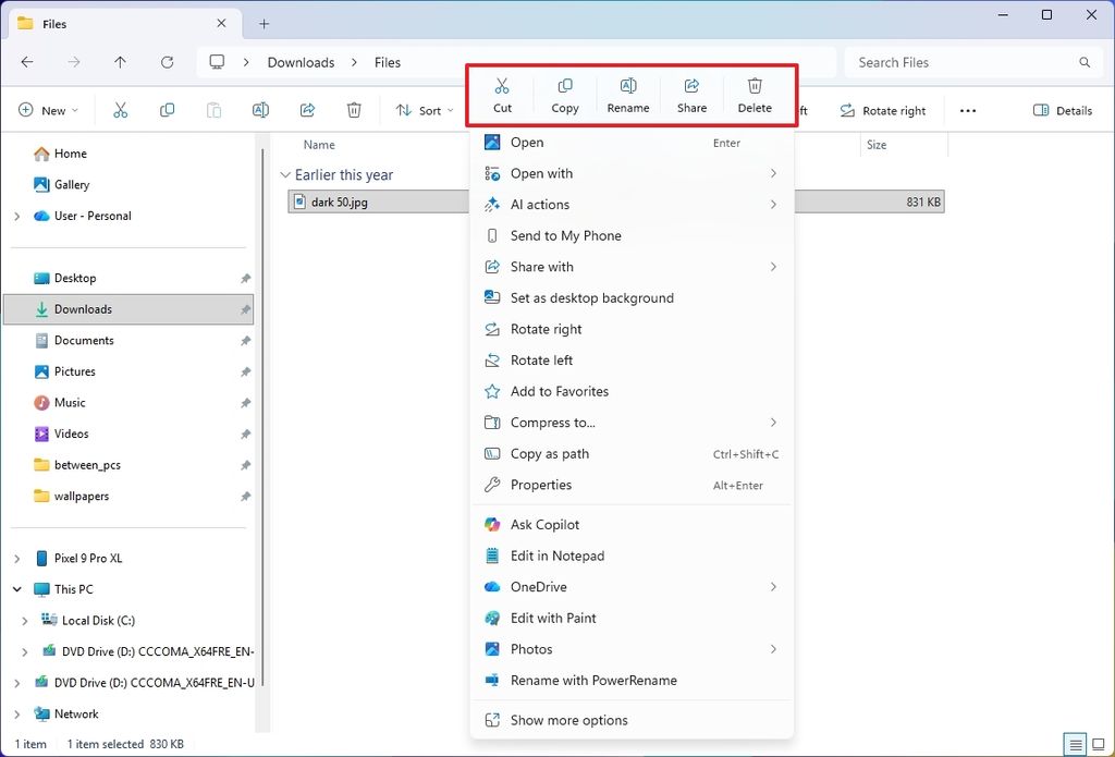 File Explorer menu with dividers