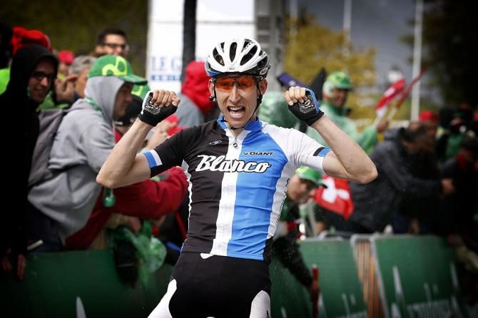Bauke Mollema (Team Blanco ProCycling team) celebrates the stage win in Switzerland