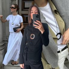 A collage of women wearing long pendant necklaces.