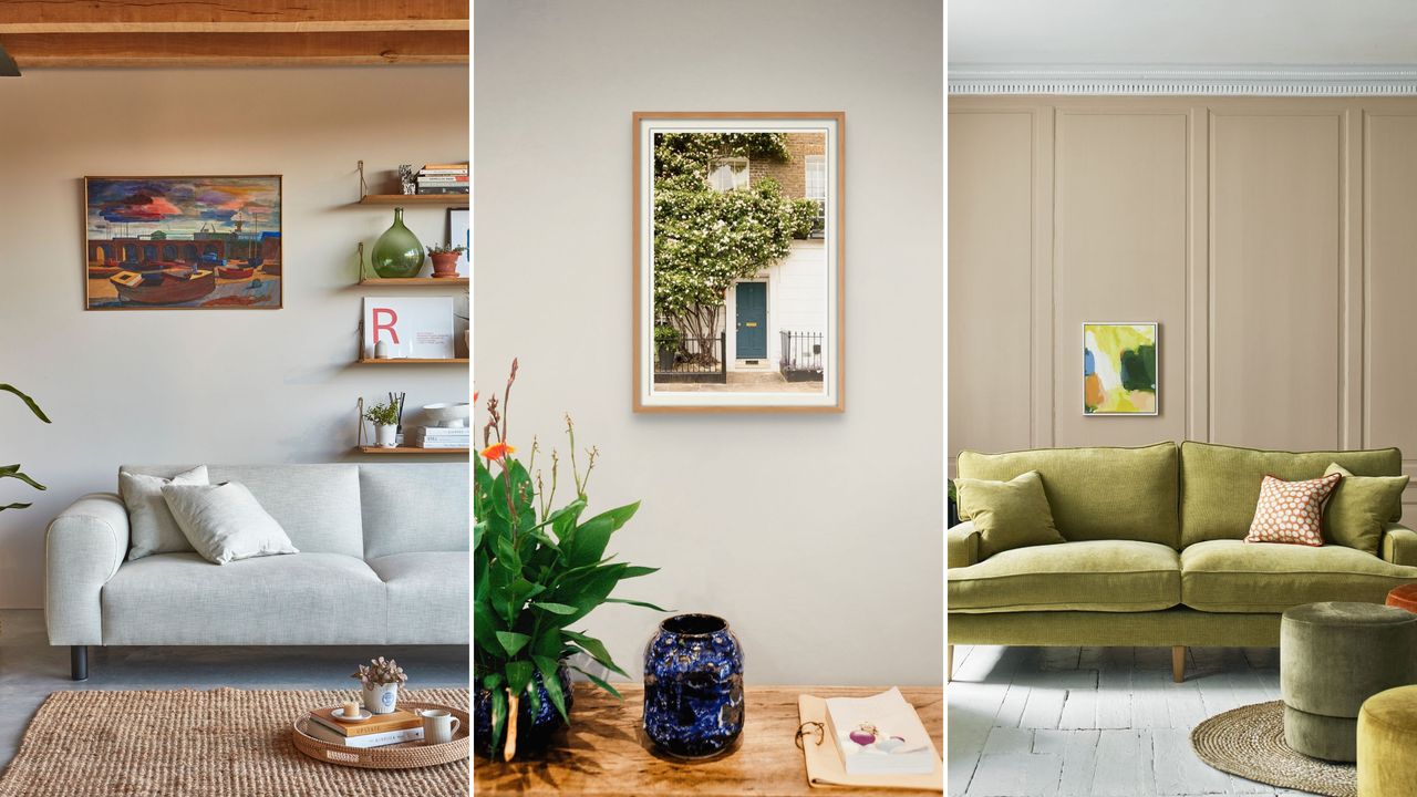 Small living room Feng Shui is a real art. Here are three pictures of living rooms - one of a gray couch, one of wall art, and one of a green couch