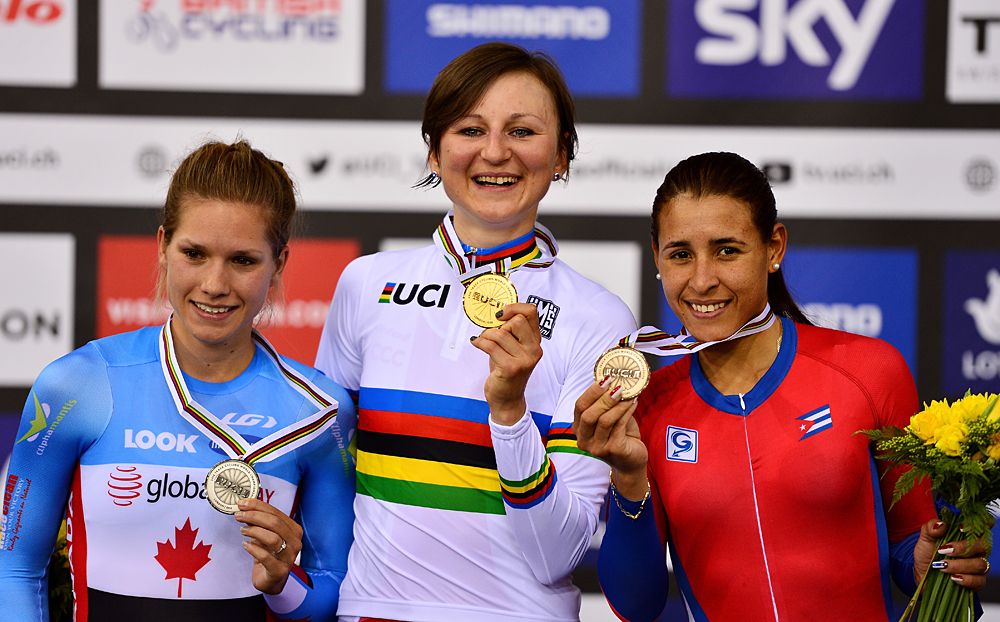 The women's Points Race podium: Jasmin Glaesser, Katarzyna Pawlowska (Poland) and Arlenis Sierra (Cuba)