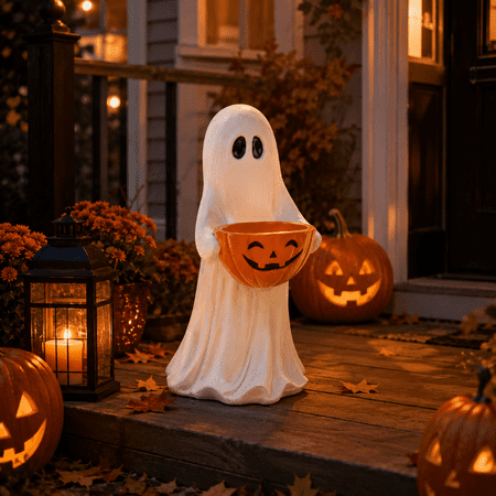 Halloween Ghost Statue With Pumpkin Candy Bowl