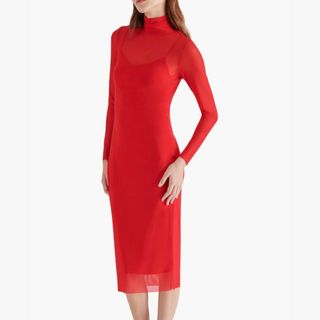 red mesh midi dress