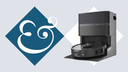 Shark PowerDetect UV Reveal on blue and white tile background next to Homes & Gardens '&' logo.