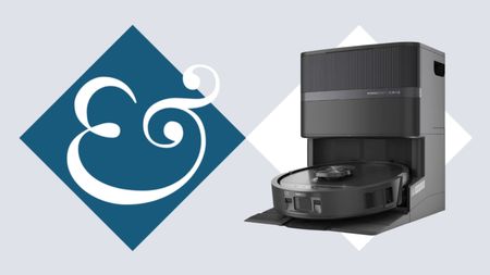 Shark PowerDetect UV Reveal on blue and white tile background next to Homes & Gardens '&' logo.