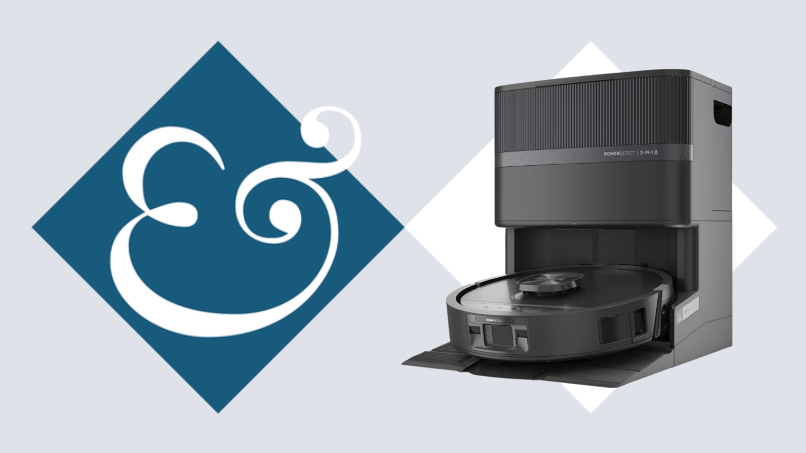 Shark PowerDetect UV Reveal on blue and white tile background next to Homes &amp; Gardens '&amp;' logo.