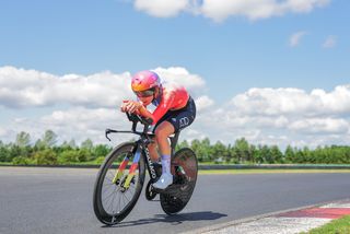 Elizabeth Holden competing in the elite women's time trial at the 2023 British National Road Championships - Croft Circuit, Darlington, England - Women's Elite Time Trial 