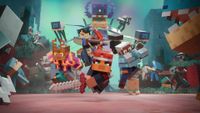 Blocky Minecraft heroes charge toward the viewer with swords as villagers and creatures crowd a glowing teal forest, creating an energetic, adventurous scene.