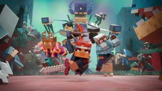 Blocky Minecraft heroes charge toward the viewer with swords as villagers and creatures crowd a glowing teal forest, creating an energetic, adventurous scene.