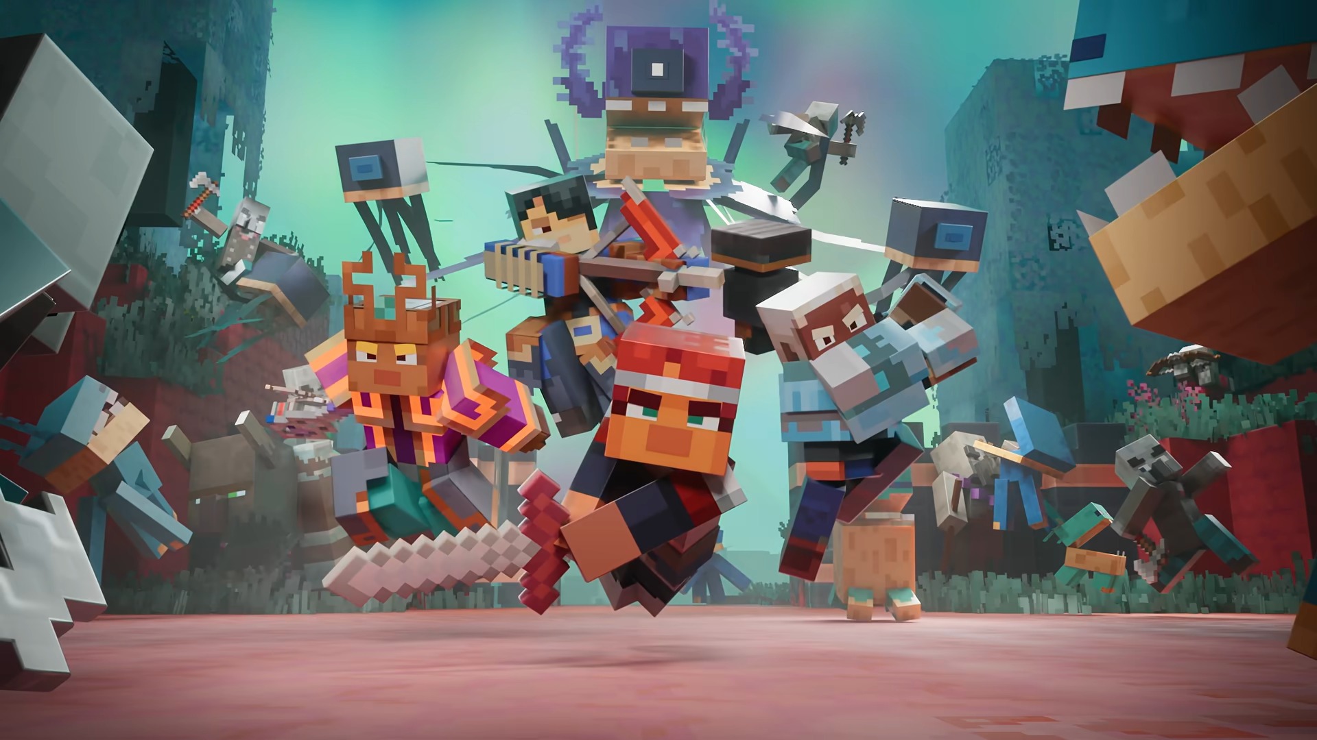 Blocky Minecraft heroes charge toward the viewer with swords as villagers and creatures crowd a glowing teal forest, creating an energetic, adventurous scene.