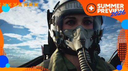 Wingman Little Bee is in a jet in Ace Combat 8: Wings of Theve, with blue skies behind, with the orange GamesRadar+ Summer Preview 2026 frame