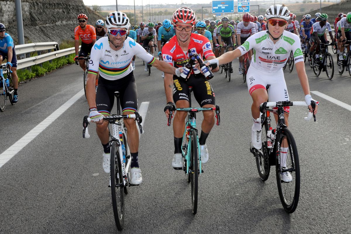 The final Vuelta a Espana podium: Alejandro Valverde, Primoz Roglic and Tadej Pogacar