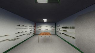 Dagger Directive screenshot of an armory filled with guns lining shelves