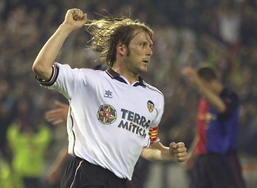 Gaizka Mendieta celebrates after scoring for Valencia against Barcelona in the Champions League in 2000.