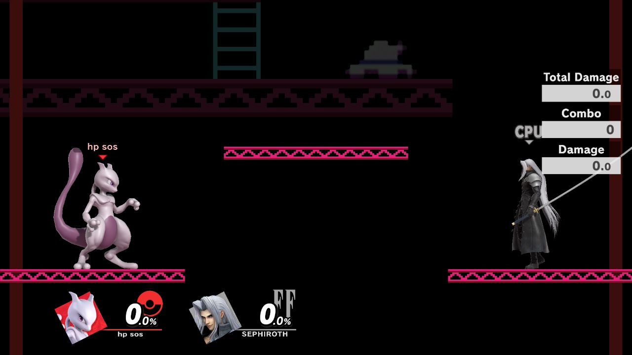 Mewtwo and Sephiroth in Super Smash Bros. Ultimate with handheld boost mode on