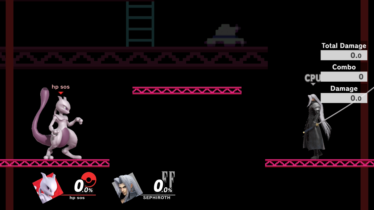 Mewtwo and Sephiroth in Super Smash Bros. Ultimate with handheld boost mode on