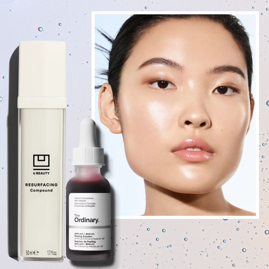 girl with glowing skin after a chemical peel and a compilation of U Beauty and the Ordinary chemical peels