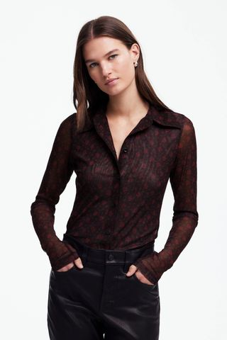 Madewell Long-Sleeve Button-Front Top in Floral Mesh