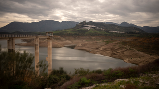 This photograph shows a view of the Zahara-El Gastor reservoir in Zahara de la Sierra in the southern province of Cadiz, during a drought episode on December 29, 2023.