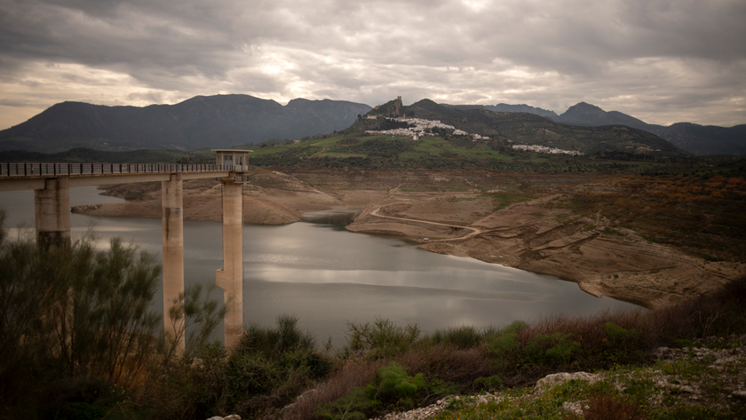 This photograph shows a view of the Zahara-El Gastor reservoir in Zahara de la Sierra in the southern province of Cadiz, during a drought episode on December 29, 2023.
