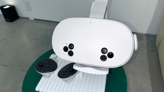 Meta Quest 3S mixed reality headset on a stand