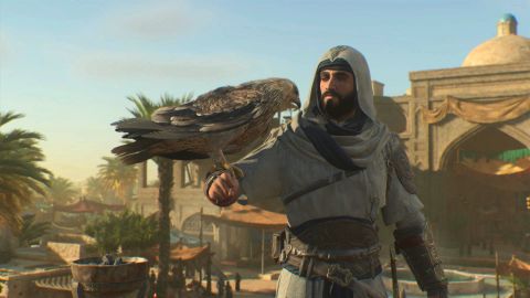 Screenshot van Basim en Enkidu in Assassin's Creed Mirage