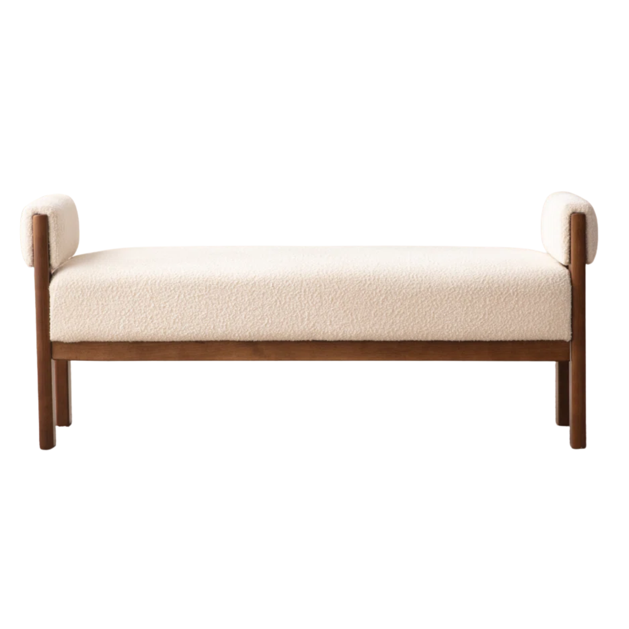 a boucle bench with a wood frame