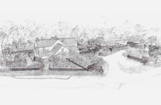 A pencil sketch of a house and garden by the Rich Brothers in Wales, UK