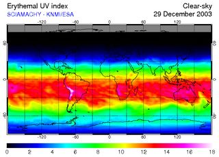The global UV index on Dec. 29, 2003, when the world-record UV index was measured in Bolivia.