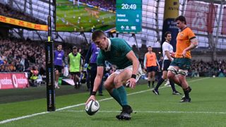 Sam Prendergast of Ireland touches down for a try against Australia in the Autumn Internationals 2024.