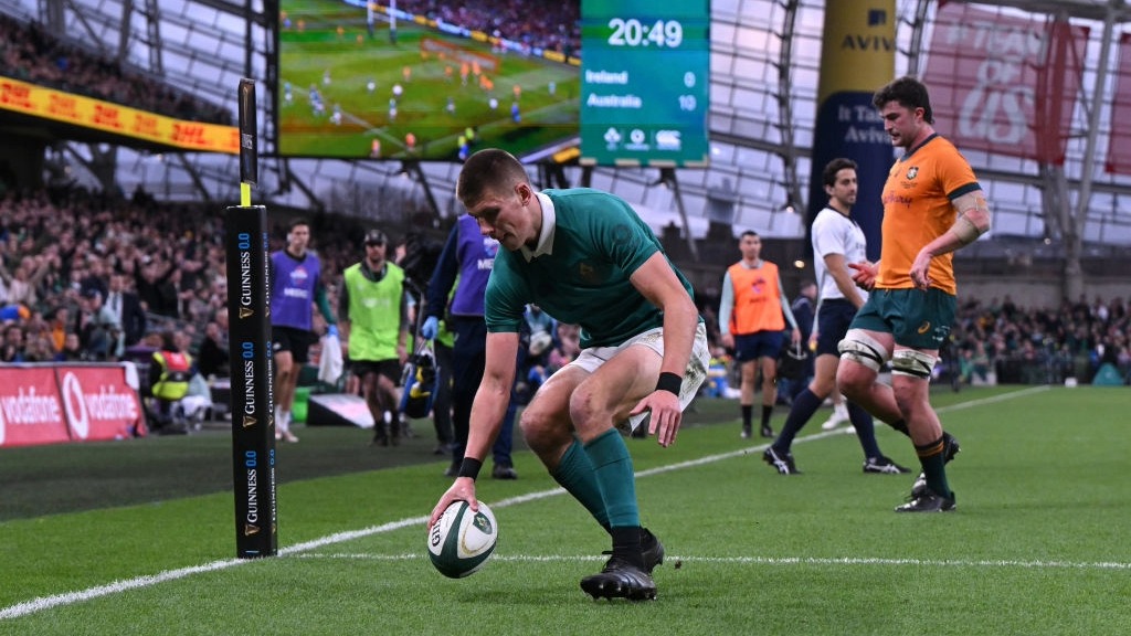 Sam Prendergast of Ireland touches down for a try against Australia in the Autumn Internationals 2024.