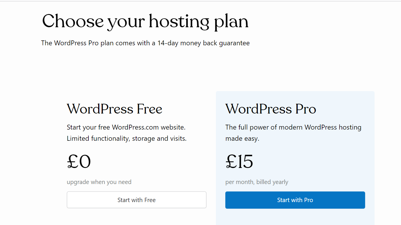 Capture d'écran du changement de plan tarifaire de WordPress.com