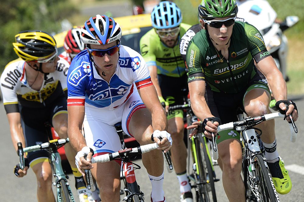 Stage 13 breakaway: Netherlands' Wilco Kelderman, France's Alexandre Geniez, Belgium's Thomas De Gendt, France's Cyril Gautier and France's Pierre-Luc Perichon