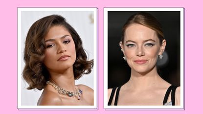 Zendaya, pictured with her hair in curls, wearing a pink dress alongside a picture of Emma Stone with her hair in a bun/ in a pink two-picture template