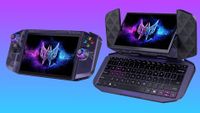 The Acer Project DualPlay Mini shown two ways: typical handheld gaming PC mode, and with the screen mid-flip into laptop mode.
