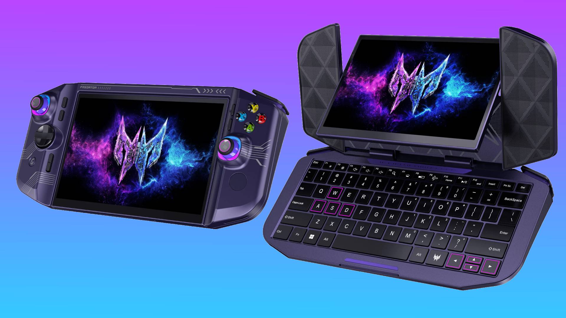 The Acer Project DualPlay Mini shown two ways: typical handheld gaming PC mode, and with the screen mid-flip into laptop mode.