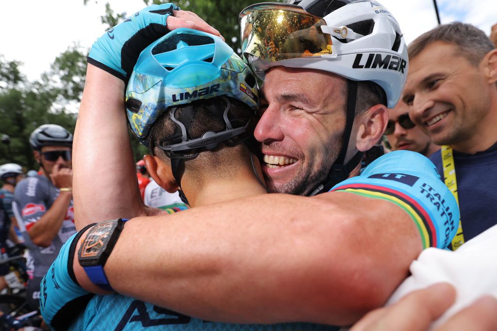 SAINT VULBAS FRANCE JULY 03 Stage winner Mark Cavendish of The United Kingdom and Astana Qazaqstan Team celebrates with his teammate Harold Tejada of Colombia during the 111th Tour de France 2024 Stage 5 a 1774km stage from SaintJeandeMaurienne to Saint Vulbas UCIWT on July 03 2024 in Saint Vulbas France Photo by Thomas Samson PoolGetty Images