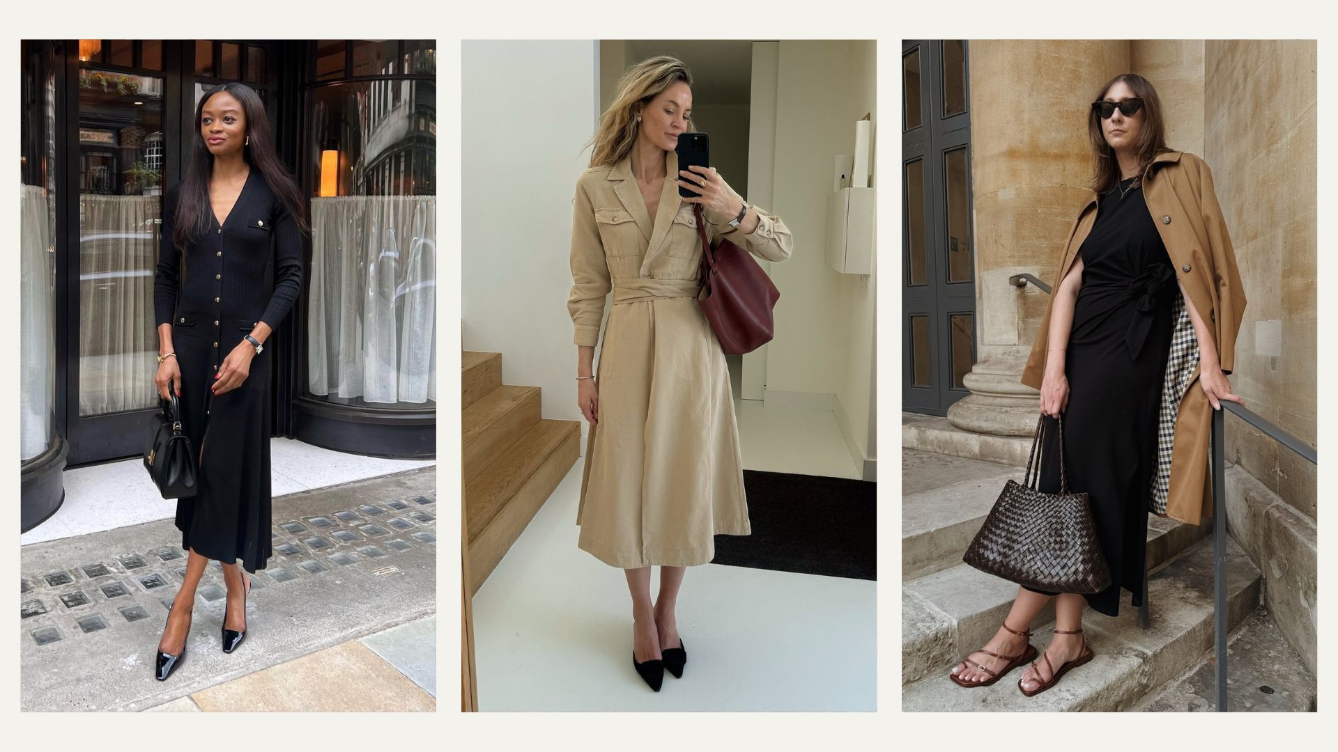 Woman wears black knit dress and heels; woman wears shirt dress and heels; woman wears trench coat and black dress and woven bag