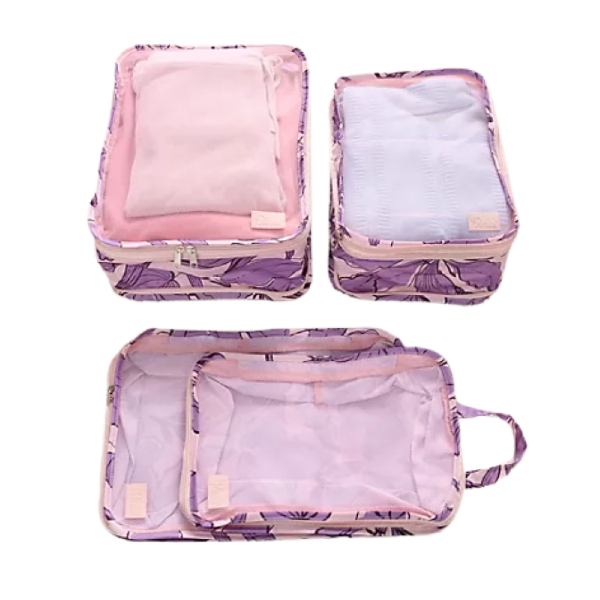 Pink set of three compression clothes storage bags with handles and clear viewing windows on top