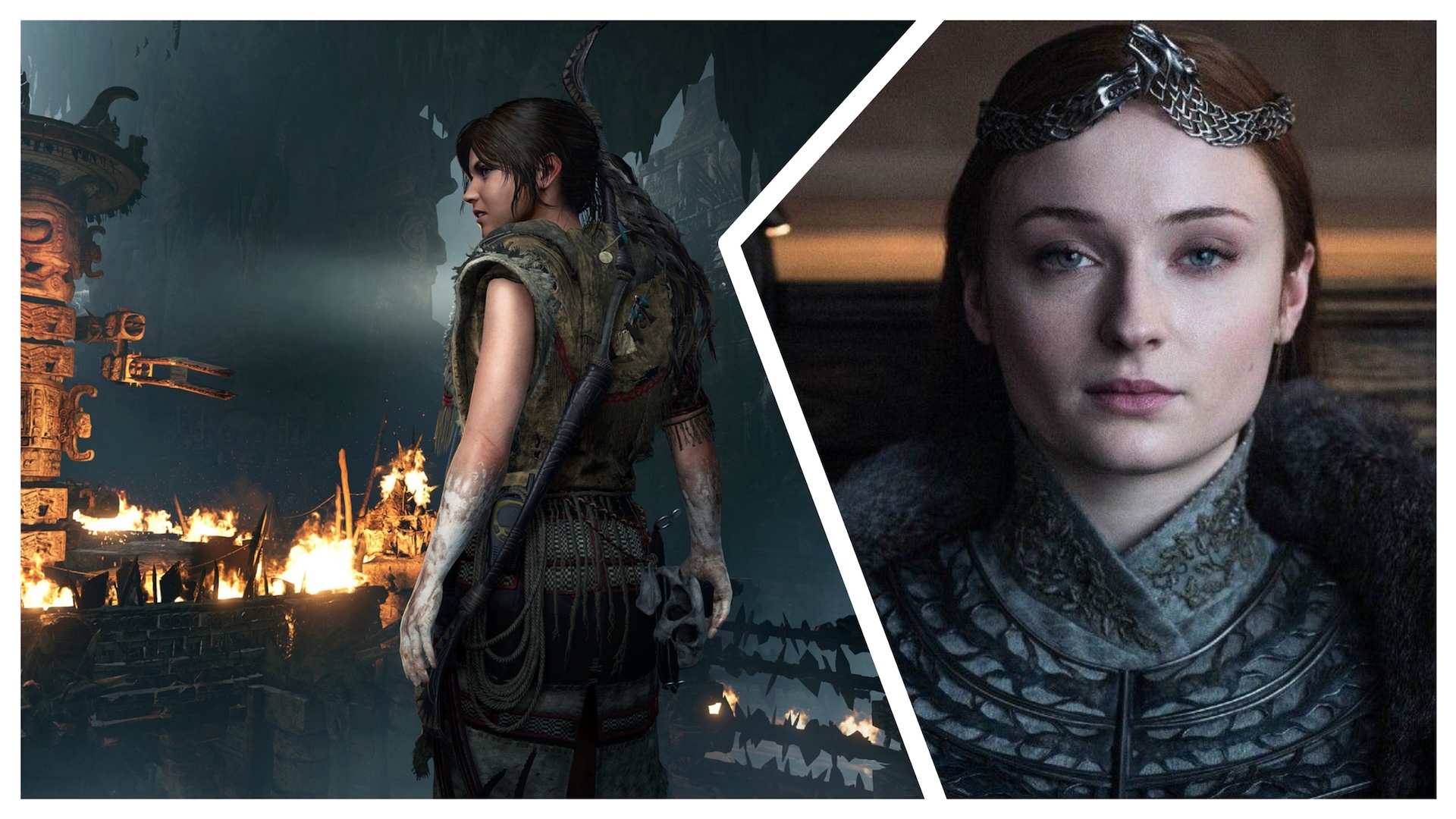 On the left an image from the game Shadow of the Tomb Raider and on the right a photo of Sophie Turner as she appears in Game of Thrones 