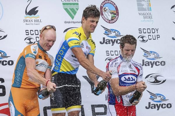 Champagne time! The Stage 12 podium: Pearson, Davison and O'Shea