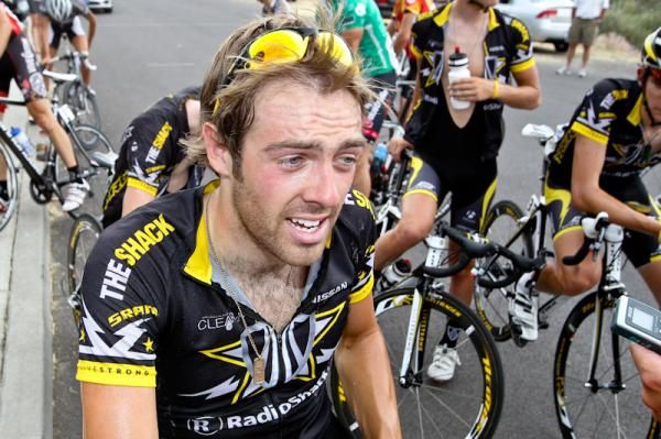 Alex Dowsett (Trek-Livestrong) talks with reports after his win.