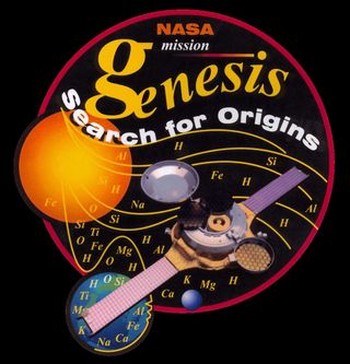 a circular logo showing the sun, wavy lines emanating from the sun, and a winged cone-shaped spacecraft, all under the text "genesis: search for origins"