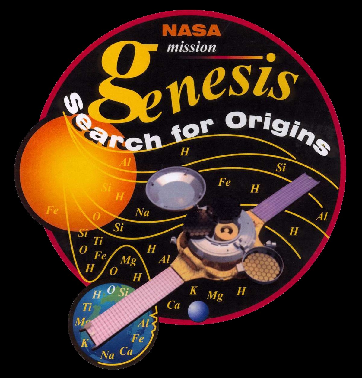 a circular logo showing the sun, wavy lines emanating from the sun, and a winged cone-shaped spacecraft, all under the text 